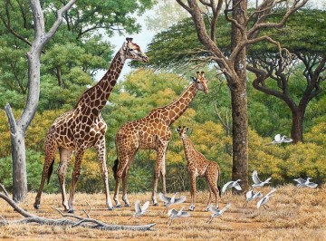 動物 Painting - キリンの群れと鳥